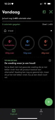 Screenshot van het dagboek in voeding app body unique.